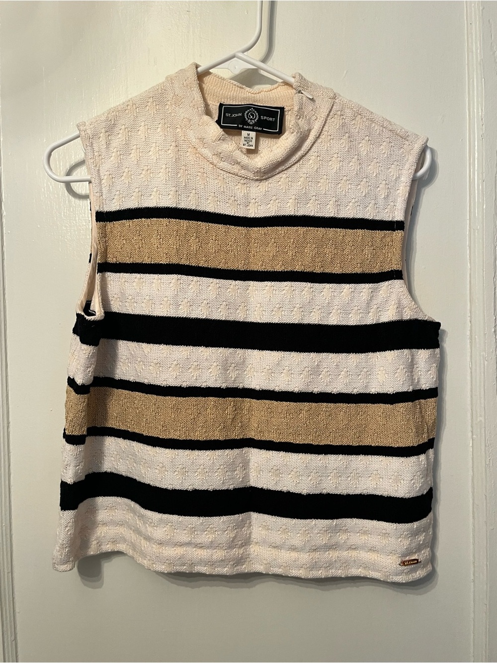 St. John Sport by Marie Gray Sleeveless Cowl Neck Sweater - Ivory, Black & Tan